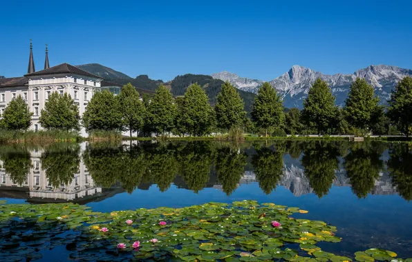 Картинка деревья, горы, отражение, река, Австрия, Альпы, монастырь, Austria