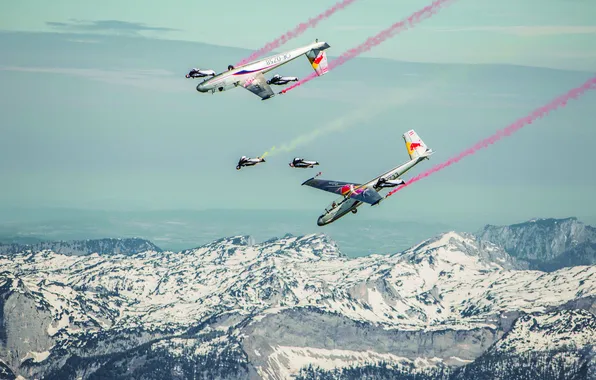 Картинка зима, снег, горы, самолеты, парашют, контейнер, Red Bull, пилоты