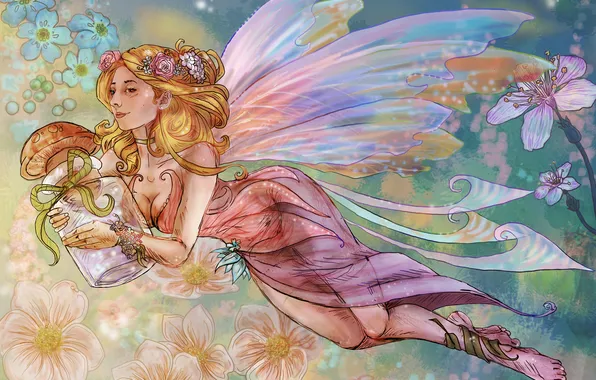 Картинка взгляд, девушка, цветы, лицо, волосы, гриб, крылья, платье