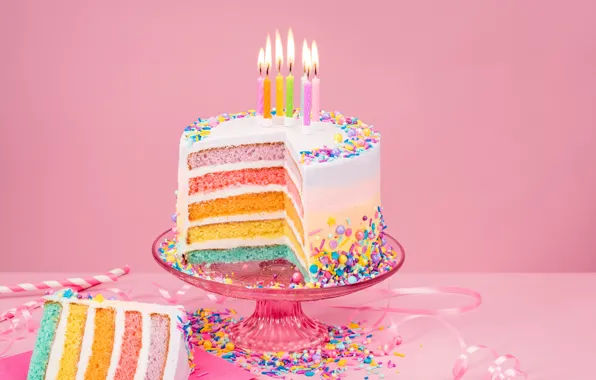 Огни, фон, розовый, день рождения, праздник, сладость, свечи, конфеты