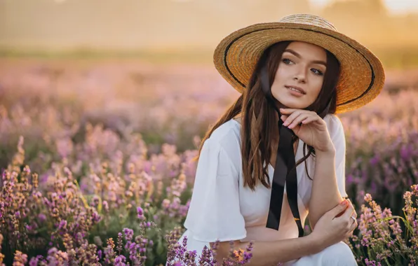 Девушка, цветы, портрет, шляпа, лаванда, лавандовое поле