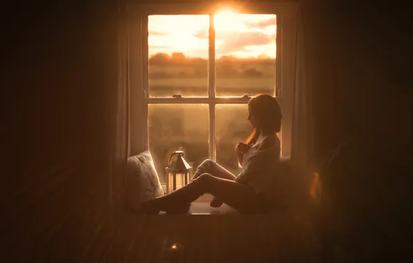 Девушка, окно, ножки, гетры, солнечный свет, sun kissed