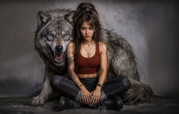 Картинка girl, wolf, AI art