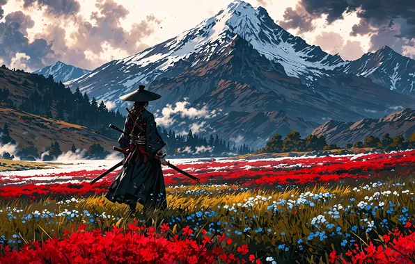 Картинка forest, nature, flowers, mountains, clouds, katana, samurai, digital art