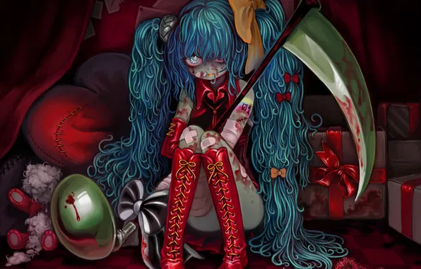 Девушка, кровь, аниме, коса, нота, Hatsune Miku, Vocaloid, art