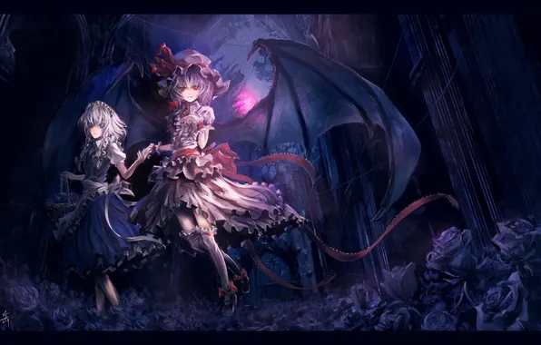 Картинка девушки, розы, крылья, демоны, touhou, remilia scarlet, izayoi sakuya