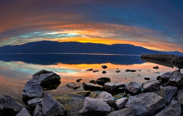 Sunset, water, lake, rocks
