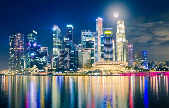 Картинка ночь, огни, отражение, Сингапур