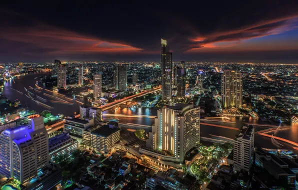 Ночь, город, огни, здания, Тайланд, Бангкок