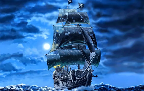 Картинка корабль, арт, Пираты, черные паруса, Галеон, Черная жемчужина