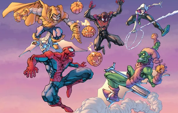 Green goblin, Spider-Man, Doctor Octopus, Spider-Gwen, Superior Spider-Man, Otto Octavius, Roderick Kingsley, Norman Osborn