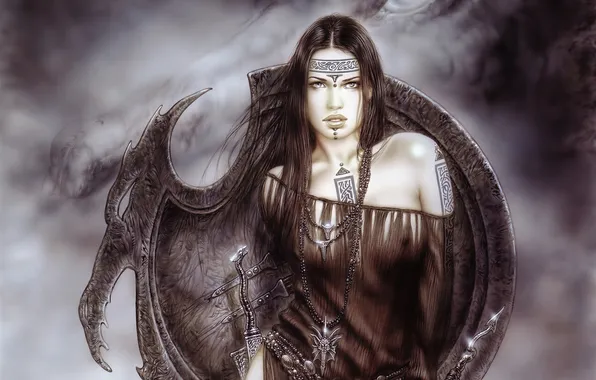Картинка взгляд, девушка, дракон, брюнетка, тату, фэнтези, щит, Luis Royo