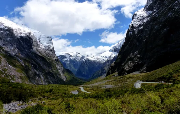 Картинка трава, облака, горы, природа, парк, фото, Новая Зеландия, Fiordland