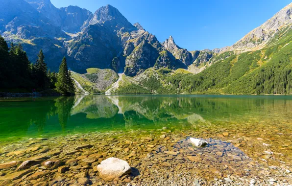 Деревья, горы, озеро, камни, скалы, Польша, Tatra National Park, Lake Morskie Oko