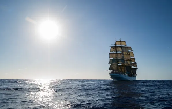 Море, солнце, путь, ветер, корабль, парусник, паруса, мачты