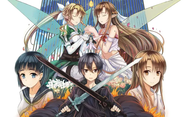 Девушки, меч, аниме, арт, парень, Мастера меча онлайн, Sword Art Online, Кирито