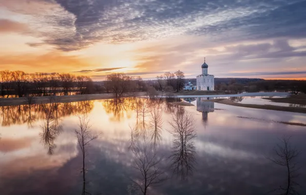 Река, Весна, храм, Россия, Богоболюво