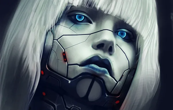 Картинка девушка, линии, металл, лицо, волосы, робот, арт