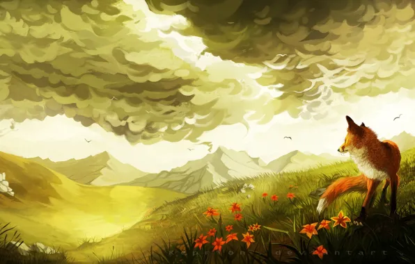 Зелень, облака, цветы, птицы, холмы, арт, лиса, нарисованный пейзаж