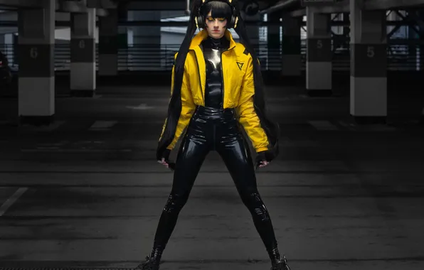 Latex, Asian, Model, Headphone, Woman, Jacket, Outdoor, Closed Eyes