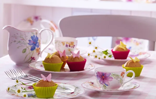 Бабочки, цветы, стол, еда, чашки, пирожное, cake, десерт