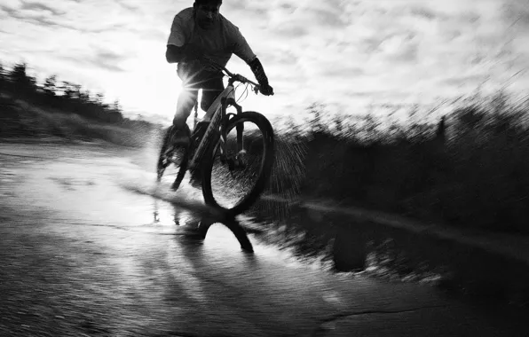 Картинка дорога, вода, брызги, велосипед, спорт, скорость, фотограф, актер