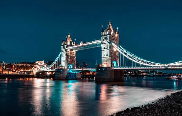 Англия, Лондон, Тауэрский мост, Tower Bridge, London, England, Thames River, Night lighting