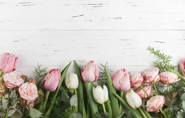 Цветы, розы, тюльпаны, розовые, wood, pink, flowers, beautiful