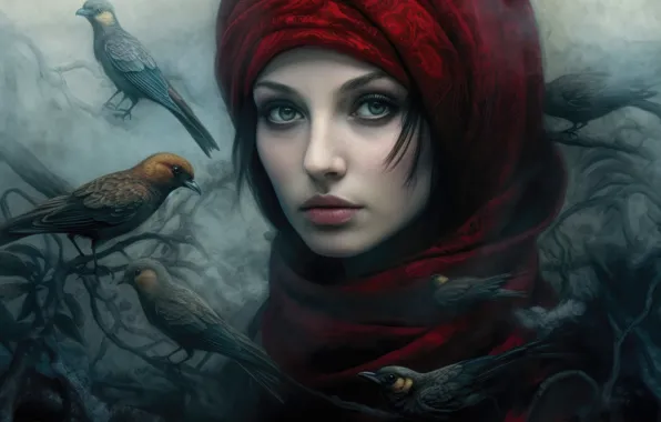 Взгляд, девушка, птицы, лицо, туман, портрет, брюнетка, арт