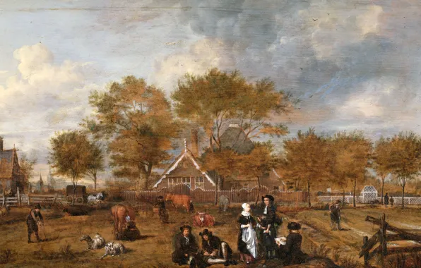 Пейзаж, дерево, масло, картина, Jan Pietersz Opperdoes, Крестьянская Усадьба