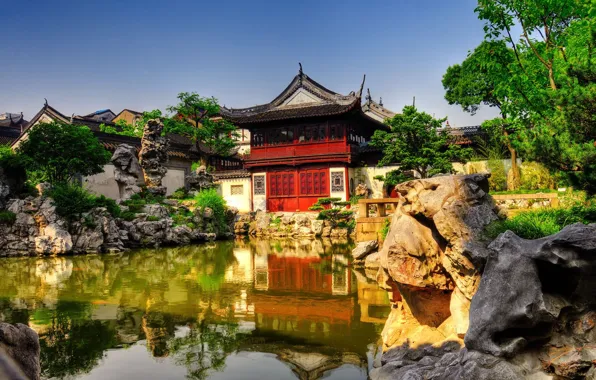 Картинка пруд, отражение, камни, храм, Japan