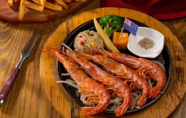 Овощи, креветки, морепродукты
