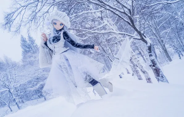 Картинка зима, снег, деревья, природа, зонтик, настроение, игрушка, кукла