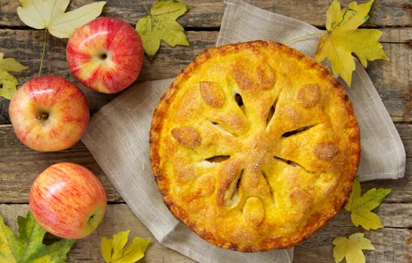 Картинка осень, листья, яблоки, еда, пирог, фрукты, десерт, выпечка