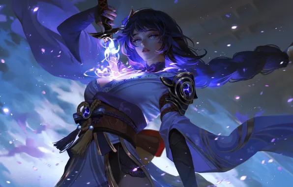 Небо, девушка, меч, лепестки, фэнтези, Genshin Impact, Raiden Shogun, NIXEU