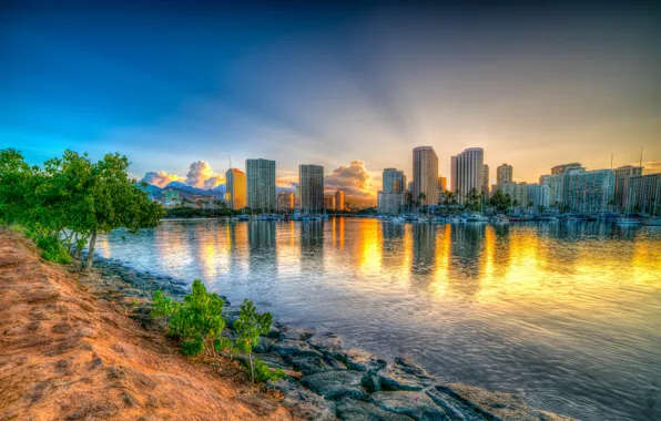 Небо, острова, природа, отражение, HDR, небоскребы, Гавайи, залив
