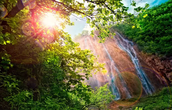 Картинка солнце, пейзаж, горы, природа, блики, водопад, радуга, спектр