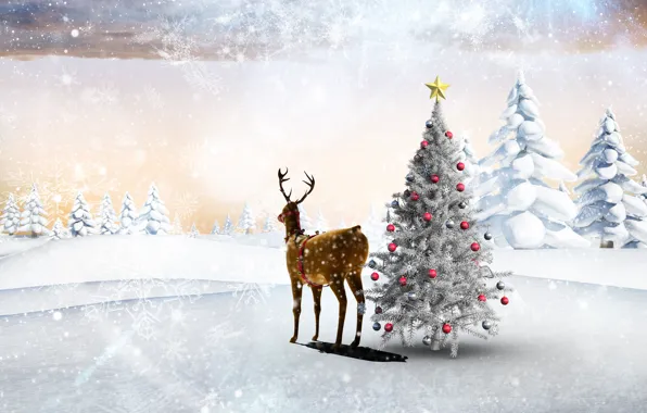 Картинка зима, лес, снег, деревья, снежинки, праздник, шары, поляна