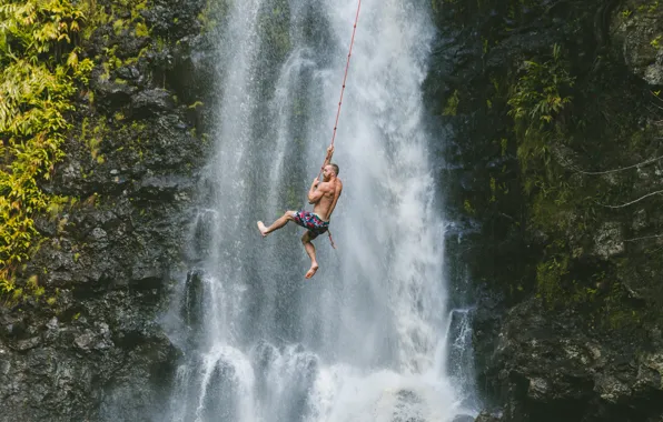 Man, waterfall, adventure, climb, mounatin