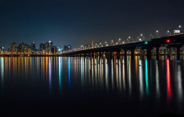 Отражение, Мост, Ночь, Город, Здания, City, House, Архитектура