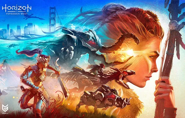 Девушка, лицо, коллаж, роботы, Aloy, Horizon Forbidden West