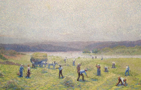 Люди, картина, сено, пуантилизм, Andre Leveille, The Dryers of Hay