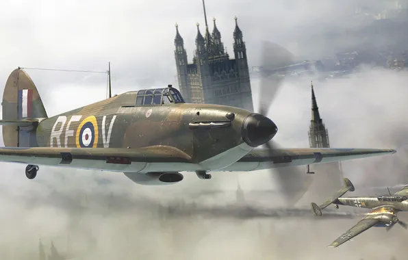 Hawker Hurricane, Battle of Britain, Битва за Британию, британский одноместный истребитель, Messerschmitt Bf.110, двухмоторный тяжелый …
