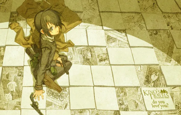 Текст, пистолет, газеты, art, кобура, kino no tabi, kouhaku kuroboshi, kino