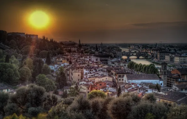 Картинка солнце, деревья, река, здания, мосты, Italy, Florence