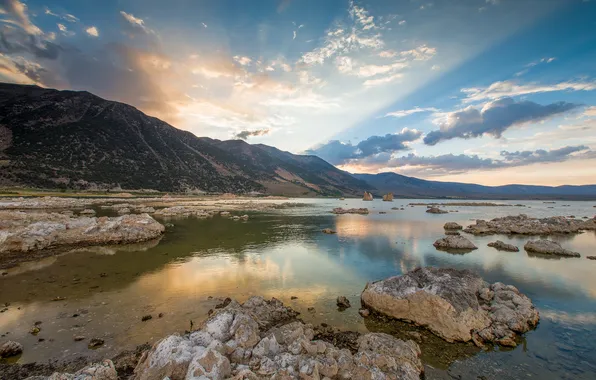 Картинка закат, горы, озеро, камни, California, Mammoth Lakes, Lee Vining