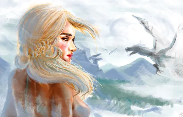 Девушка, дракон, крылья, арт, живопись, Game of Thrones, Emilia Clarke, Daenerys Targaryen