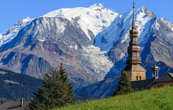 Картинка горы, Франция, церковь, Auvergne Rhône Alpes