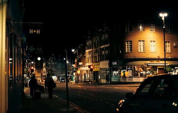 Картинка дорога, машины, ночь, город, люди, улица, Англия, Лондон