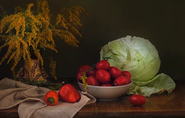 Цветы, полотенце, букет, желтые, урожай, ваза, перец, миска